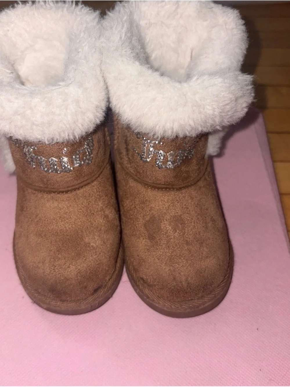Juicy Couture Tan Faux-Suede Girls' Fleece Boots with Silver Sparkle Logo